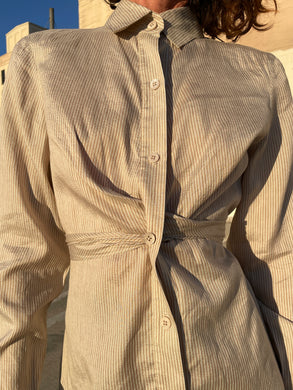 1990s Sand Silk Linen Pinstripe Button Up Blouse w/ Sash Tie