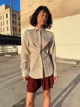 Load image into Gallery viewer, 1990s Sand Silk Linen Pinstripe Button Up Blouse w/ Sash Tie