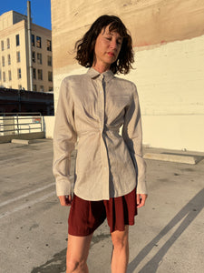 1990s Sand Silk Linen Pinstripe Button Up Blouse w/ Sash Tie