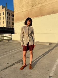 1990s Sand Silk Linen Pinstripe Button Up Blouse w/ Sash Tie