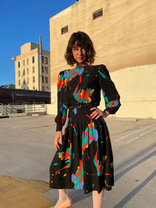 1980s Black Silk Colorful Abstract Print Polka Dot Belted Dress