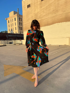 1980s Black Silk Colorful Abstract Print Polka Dot Belted Dress