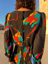 Load image into Gallery viewer, 1980s Black Silk Colorful Abstract Print Polka Dot Belted Dress