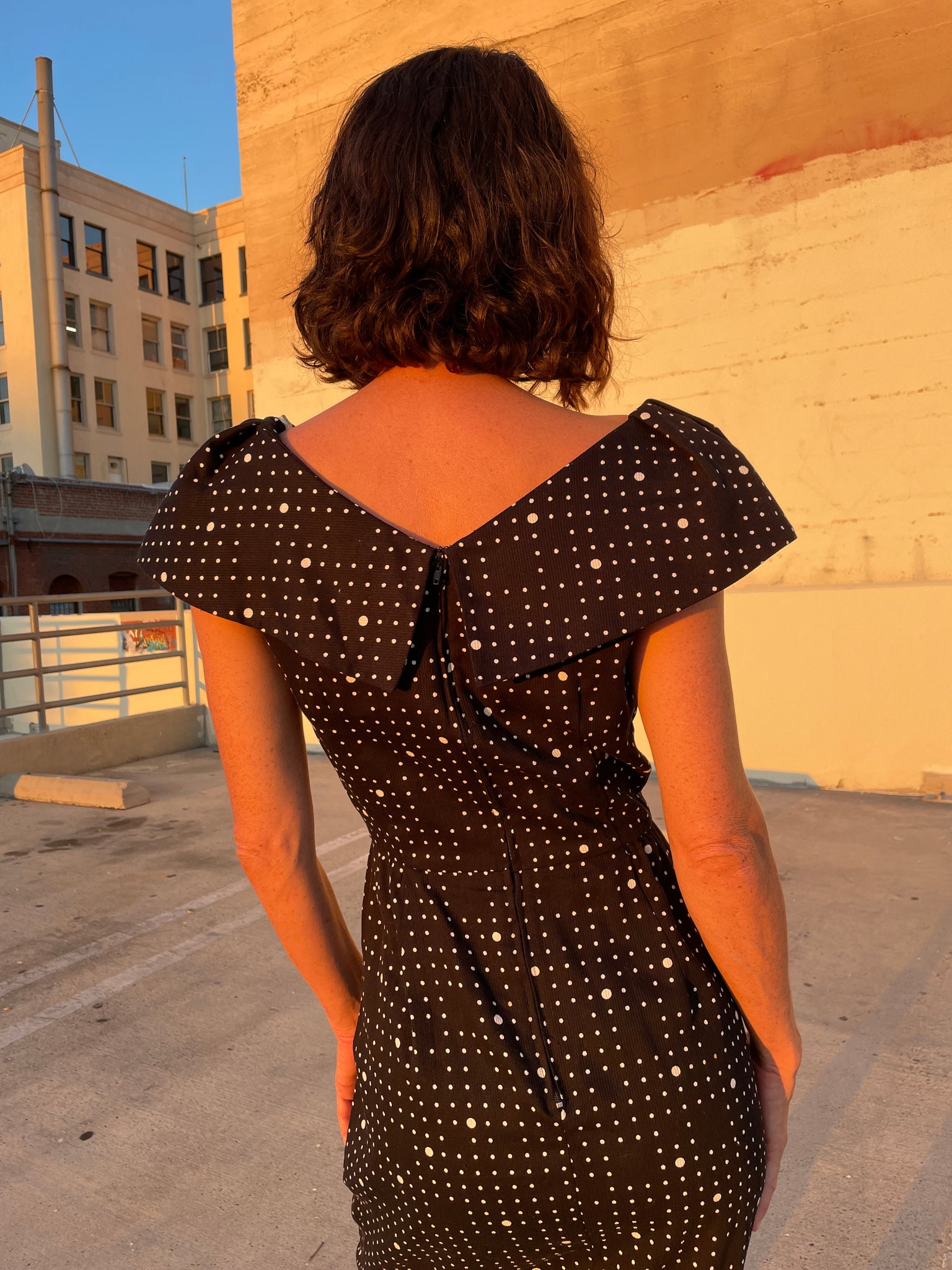 cotton wiggle dress 1950's cotton polka-dot print wiggle dress