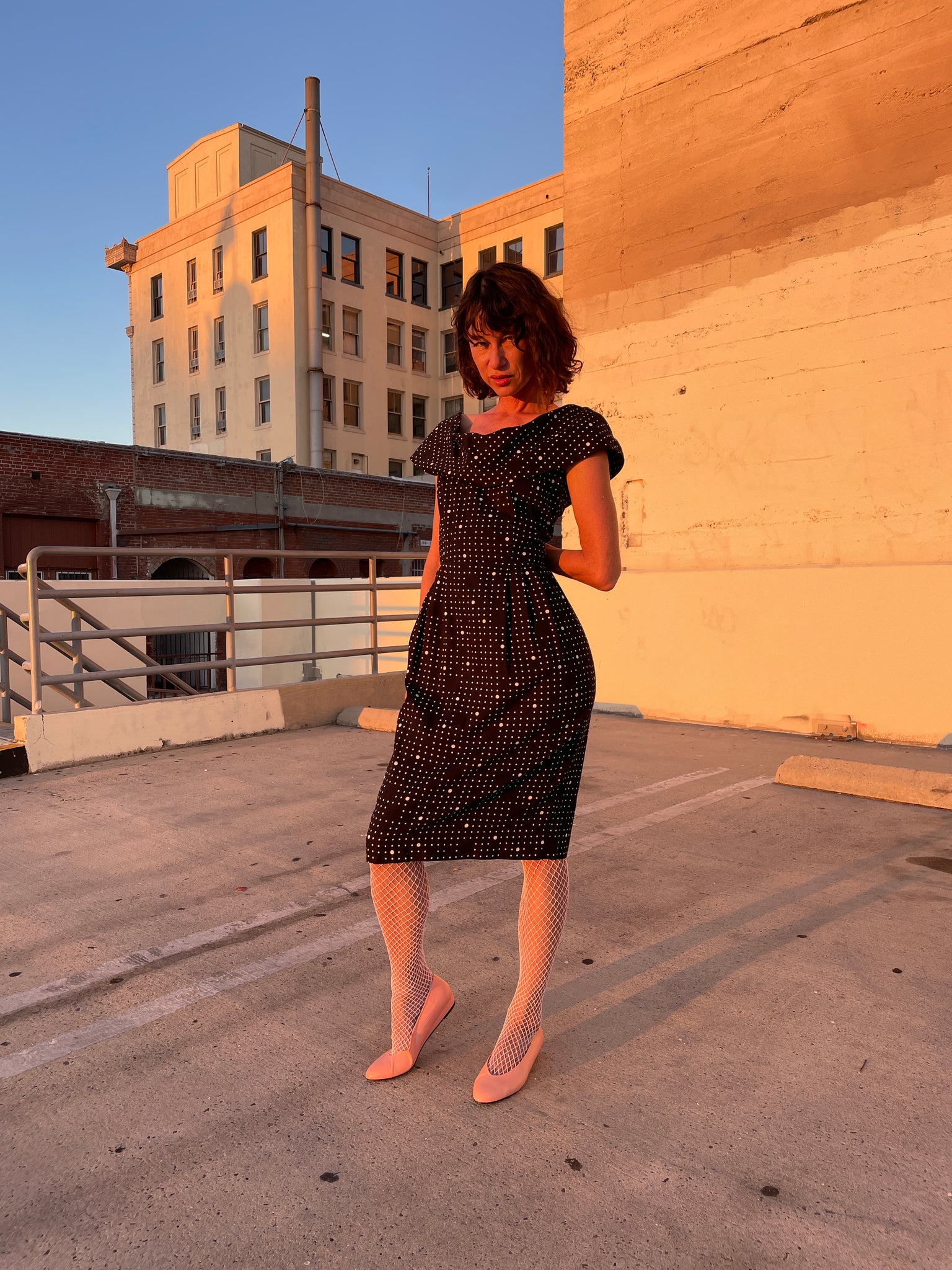 1980s B&W Cotton Polka Dot Wiggle Dress 3 Women 1980s B&W Cotton Polka Dot Wiggle Dress 3 Women
