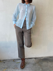 1990s Baby Blue Sheer Blouse w/ White Topstitching