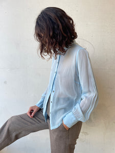 1990s Baby Blue Sheer Blouse w/ White Topstitching