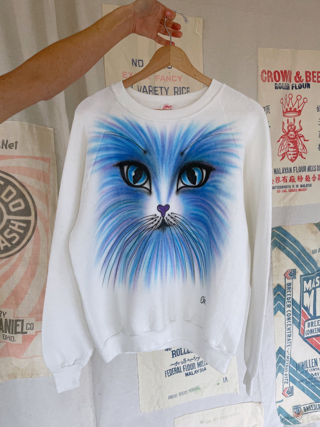 1980s Signed Airbrushed Raglan Kitty Sweatshirt