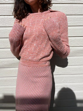 1970s Salmon Pink Striped Wool Knit Dress Set