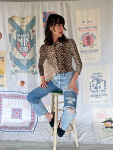 1990s Guess Jeans Semi-Sheer Leopard Print Nylon Button Down Blouse