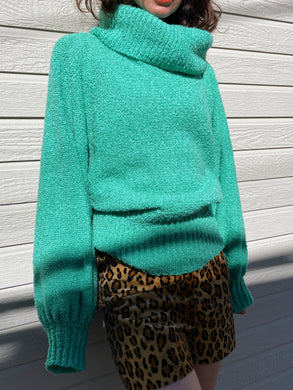 1970s Turquoise Boucle Knit Oversized Turtleneck Sweater