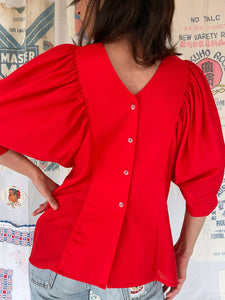 1970s Bright Red Dolman Puff Sleeve Blouse