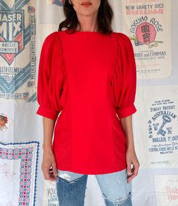 1970s Bright Red Dolman Puff Sleeve Blouse