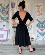 Load image into Gallery viewer, Vintage Black Cotton Dress w/ Boat Neck and Open Back