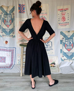 Vintage Black Cotton Dress w/ Boat Neck and Open Back