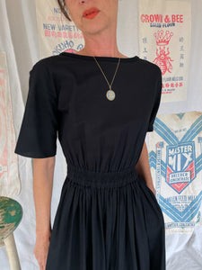 Vintage Black Cotton Dress w/ Boat Neck and Open Back