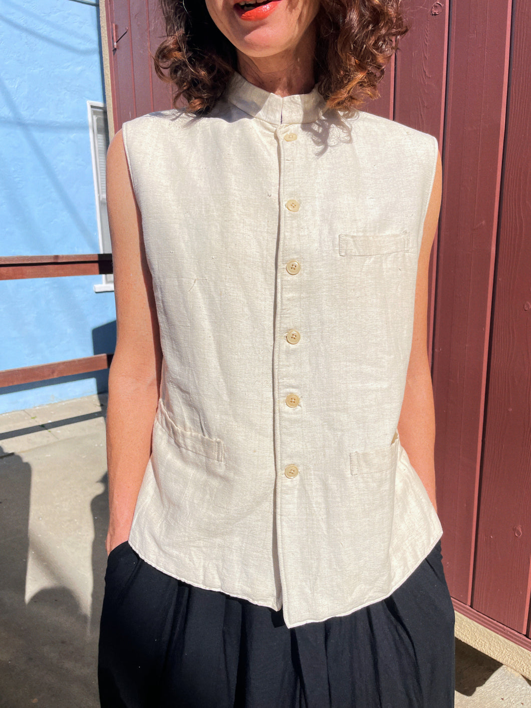 1920s Antique Ivory Raw Silk Mock Neck Vest