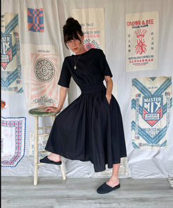 Vintage Black Cotton Dress w/ Boat Neck and Open Back