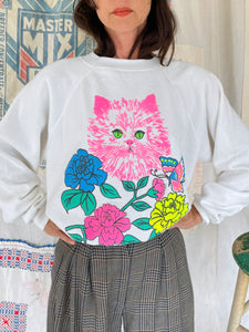 1980s Puffy Pink Fluorescent Kitty Raglan Sweatshirt