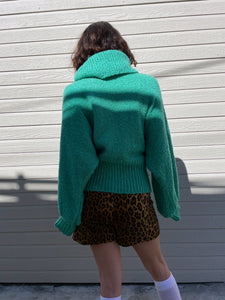 1970s Turquoise Boucle Knit Oversized Turtleneck Sweater