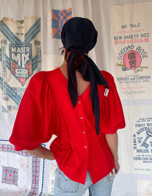 1970s Bright Red Dolman Puff Sleeve Blouse
