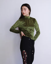 Load image into Gallery viewer, 1990s Moss Green Croc Velvet Burnout Long Sleeve Blouse