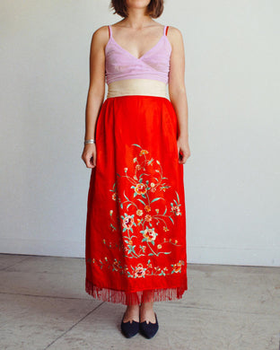 Antique Chinese Red Silk Embroidered Robe Skirt