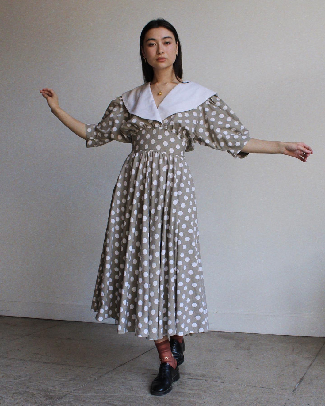1980s Tawny Brown Polka Dot Dress