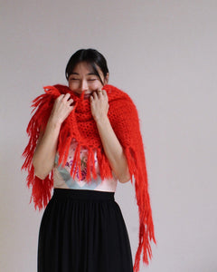 1970s Neon Red Crochet Knit Shawl