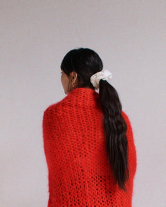 1970s Neon Red Crochet Knit Shawl
