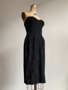 1950s Black Beaded Ceil Chapman Strapless Dress