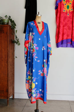 1980s Oscar de la Renta Blue Floral Print Caftan