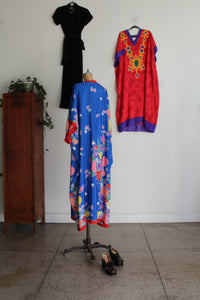 1980s Oscar de la Renta Blue Floral Print Caftan