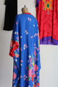 1980s Oscar de la Renta Blue Floral Print Caftan