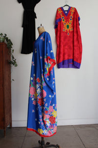 1980s Oscar de la Renta Blue Floral Print Caftan