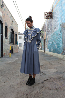 1970s Jessica McClintock Blue Silk Victorian Dress