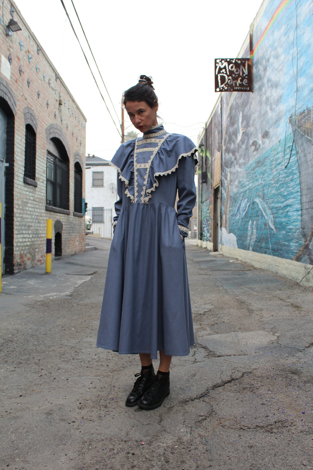 1970s Jessica McClintock Blue Silk Victorian Dress
