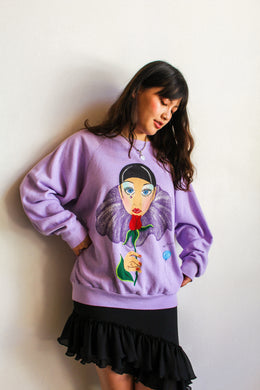 1980s Hand Painted Lavender Pierrot Raglan Sweater