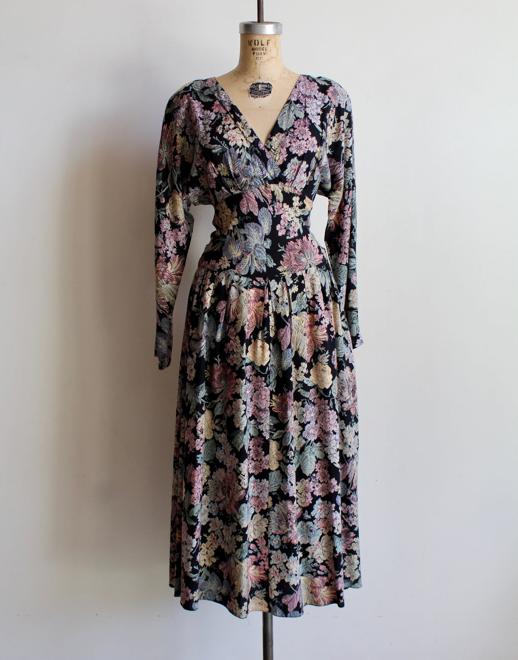 1980s Floral Cinched Waist Dress