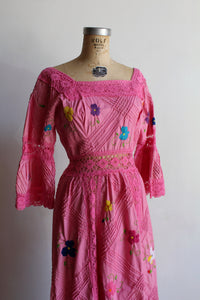 1970s Pink Crochet Mexican Wedding Dress