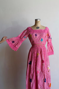 1970s Pink Crochet Mexican Wedding Dress