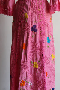 1970s Pink Crochet Mexican Wedding Dress