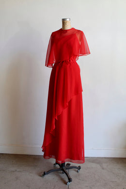 1970s Red Asymmetrical Caplet Maxi Dress