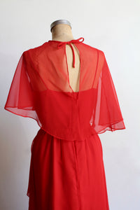 1970s Red Asymmetrical Caplet Maxi Dress
