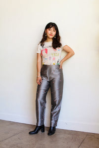 1990s Silver Silk Rose Bud Cigarette Pants