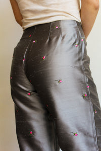 1990s Silver Silk Rose Bud Cigarette Pants