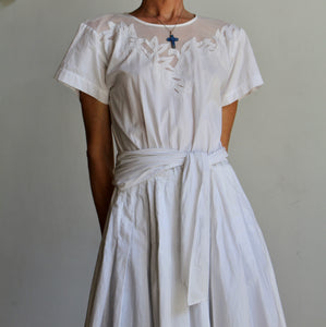 1980s White Cotton Floral Appliqué Dress