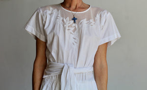 1980s White Cotton Floral Appliqué Dress