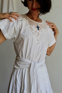 1980s White Cotton Floral Appliqué Dress