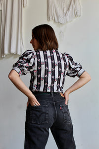 1980s Striped Floral Puff Sleeve Blouse